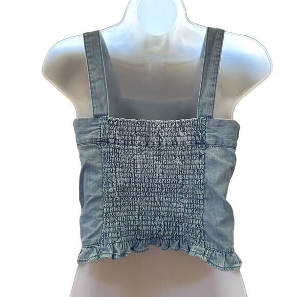Zara Chambray Cowgirl Y2K Button Front Cinched Back Ruffled Crop Tank Shirt - Picture 3 of 6